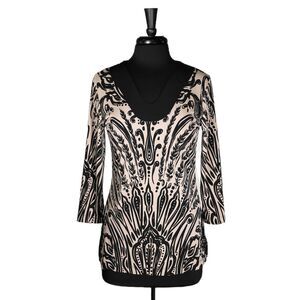 Chico's Travelers Women's Blouse Beige Black Floral V-Neck Stretch Top 0 US S/4